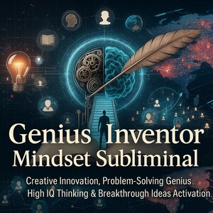 May include: Digital art featuring a lightbulb, gears, and a brain, with a feather quill overlay. The image includes the text "Genius Inventor Mindset Subliminal" and additional text about creative innovation and high IQ thinking.