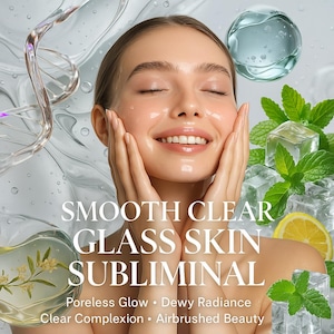 Op de afbeelding: Een vrouw met een stralende huid lacht en raakt haar gezicht aan. De afbeelding bevat de tekst "Smooth Clear Glass Skin Subliminal" met extra tekst: "Poreless Glow, Dewy Radiance, Clear Complexion, Airbrushed Beauty."