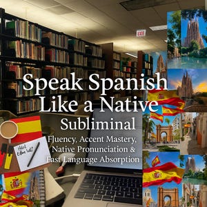 May include: Image promoting Spanish language learning. Text reads "Speak Spanish Like a Native Subliminal" with additional text about fluency and pronunciation. The image includes a laptop, coffee, and Spanish flags.