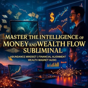 以下が含まれることがあります： 金融に関するコンセプトを促進する画像。「MASTER THE INTELLIGENCE OF MONEY AND WEALTH FLOW SUBLIMINAL」と書かれたテキスト。スーツを着た男性が金融チャートと上昇グラフを表示するラップトップと一緒に表示されています。背景にはお金が降っています。