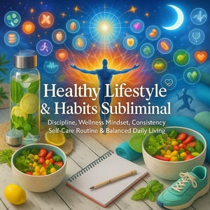 Puede incluir: Una imagen que promueve un estilo de vida saludable, con una botella de agua con limón y menta, cuencos de ensalada, un cuaderno, un bolígrafo y zapatillas de color verde azulado. El texto dice "Healthy Lifestyle & Habits Subliminal".