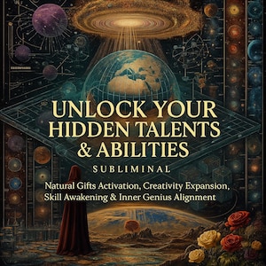 May include: An artistic digital illustration with the text "UNLOCK YOUR HIDDEN TALENTS & ABILITIES". The image features a globe, planets, and a figure in a red cloak. Additional text includes "SUBLIMINAL" and phrases about natural gifts and inner genius.