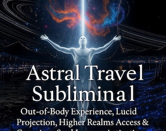 May include: Digital art featuring a glowing human figure with outstretched arms, illuminated by a beam of light. The words "Astral Travel Subliminal" are displayed in white text, along with related phrases about out-of-body experiences.