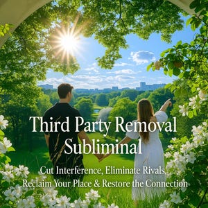 Puede incluir: Una imagen pintoresca con el texto "Third Party Removal Subliminal". Una pareja se toma de la mano en un parque verde bajo un sol brillante. El texto también dice "Cut Interference, Eliminate Rivals, Reclaim Your Place & Restore the Connection."