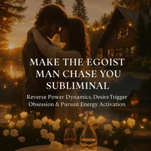 May include: An image with the text "MAKE THE EGOIST MAN CHASE YOU SUBLIMINAL" and "Reverse Power Dynamics, Desire Trigger, Obsession & Pursuit Energy Activation". The image shows a couple embracing, with a bottle and a glass of wine in the foreground.