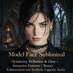 May include: A digital image features a woman with dark hair and green eyes. The text "Model Face Subliminal" is displayed, along with phrases like "Symmetry, Definition & Glow" and "Attractive Features". The image promotes beauty enhancement.