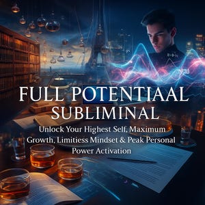 Puede incluir: Imagen de arte digital con el texto "FULL POTENTIAAL SUBLIMINAL" y texto adicional. La imagen presenta a un hombre, un escritorio con vasos de líquido ámbar y un fondo de paisaje urbano con una biblioteca.