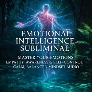 May include: Digital art featuring a glowing human figure with a blue and purple aura, set against a lush, green jungle backdrop. Text reads "EMOTIONAL INTELLIGENCE SUBLIMINAL" and "MASTER YOUR EMOTIONS" with related keywords.