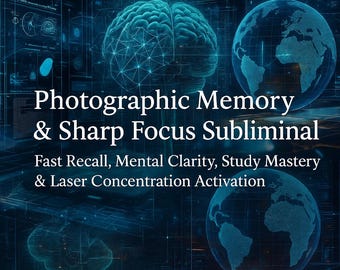 Może przedstawiać: Cyfrowa ilustracja w odcieniach niebieskiego i czarnego. Przedstawia świecący mózg, dwie kule ziemskie i tekst "Photographic Memory & Sharp Focus Subliminal". Zawiera również tekst "Fast Recall, Mental Clarity, Study Mastery & Laser Concentration Activation."