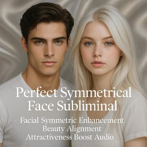 May include: Image features two people, a man and a woman, with symmetrical facial features. The text overlay reads "Perfect Symmetrical Face Subliminal" with additional text: "Facial Symmetric Enhancement, Beauty Alignment, Attractiveness Boost Audio."