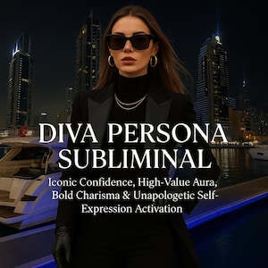 以下が含まれることがあります： サングラス、フープイヤリング、黒いスーツを着た人物。テキスト「DIVA PERSONA SUBLIMINAL」と「Iconic Confidence, High-Value Aura, Bold Charisma & Unapologetic Self-Expression Activation」が記載されています。背景には都市の建物と水面が写っています。