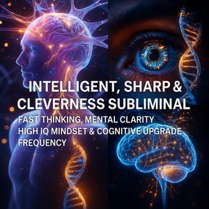May include: Digital artwork featuring a human profile and an eye, both with glowing blue and orange energy. The text reads "INTELLIGENT, SHARP & CLEVERNESS SUBLIMINAL" and lists "FAST THINKING, MENTAL CLARITY" and "HIGH IQ MINDSET & COGNITIVE UPGRADE".
