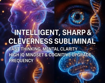 Może przedstawiać: Cyfrowe dzieło sztuki przedstawiające profil człowieka i oko, oba z jasnoniebieską i pomarańczową energią. Tekst brzmi "INTELLIGENT, SHARP & CLEVERNESS SUBLIMINAL" i wymienia "FAST THINKING, MENTAL CLARITY" i "HIGH IQ MINDSET & COGNITIVE UPGRADE".
