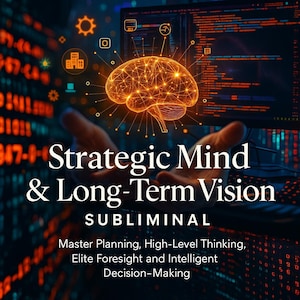 Peut inclure: Image avec le texte "Strategic Mind & Long-Term Vision" et "Subliminal". Un cerveau lumineux est présenté devant un écran d'ordinateur affichant du code. L'image comprend également le texte "Master Planning, High-Level Thinking, Elite Foresight and Intelligent Decision-Making."
