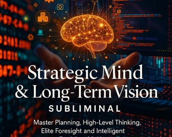 Może przedstawiać: Obraz z tekstem "Strategic Mind & Long-Term Vision" i "Subliminal". Świecący mózg jest trzymany przed ekranem komputera wyświetlającym kod. Obraz zawiera również tekst "Master Planning, High-Level Thinking, Elite Foresight and Intelligent Decision-Making."