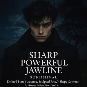 Op de afbeelding: Een digitaal bewerkte afbeelding toont een man met donker haar en een serieuze uitdrukking. De tekst luidt "SHARP POWERFUL JAWLINE" boven "SUBLIMINAL" en een beschrijving van gezichtskenmerken. De achtergrond is een donker, sfeervol landschap.