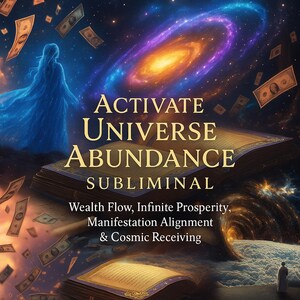 Op de afbeelding: Digitale kunst met de tekst "ACTIVATE UNIVERSE ABUNDANCE SUBLIMINAL" boven een open boek, met een achtergrond van een melkwegstelsel en vallend geld. De afbeelding bevat ook de tekst "Wealth Flow, Infinite Prosperity, Manifestation Alignment & Cosmic Receiving."
