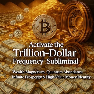 May include: A digital image featuring a gold Bitcoin, piles of cash, gold bars, and diamonds. The text reads "Activate the Trillion-Dollar Frequency Subliminal" with additional text about wealth and prosperity.