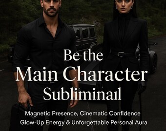 Puede incluir: Imagen de un hombre y una mujer vestidos de negro, de pie frente a un vehículo. El texto superpuesto dice "Be the Main Character Subliminal" con frases adicionales sobre presencia y energía.