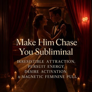 以下が含まれることがあります： 「Make Him Chase You Subliminal」のテキストと、魅力とエネルギーに関する追加テキストを含む画像。赤いカーテンとろうそくのある薄暗い部屋で踊るカップル。