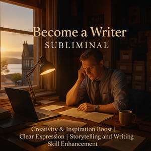 May include: An image promoting writing skills features a man at a desk with a laptop, books, and a cup of coffee. The text "Become a Writer" is displayed, along with "Creativity & Inspiration Boost" and other skill enhancements.