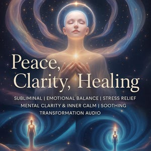 May include: Digital art featuring a serene figure with closed eyes, radiating light and surrounded by ethereal colors. Text reads "Peace, Clarity, Healing" with additional text about emotional balance, stress relief, and transformation audio.