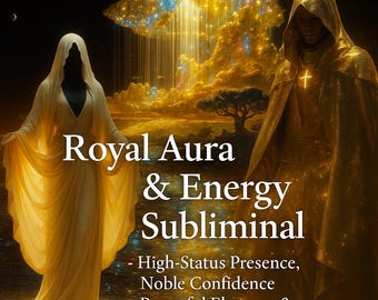 Puede incluir: Imagen digital artística con dos figuras con túnicas doradas, sobre un fondo de nubes celestiales y luces brillantes. El texto "Royal Aura & Energy Subliminal" se muestra de forma destacada, junto con frases descriptivas.