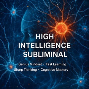 May include: Digital art featuring a human face silhouette with the words "HIGH INTELLIGENCE SUBLIMINAL" in white. The background has a network of blue and orange neuron-like structures. Text below reads "Genius Mindset • Fast Learning • Sharp Thinking • Cognitive Mastery."