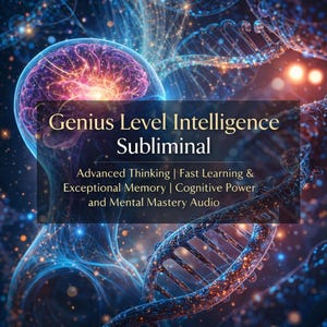 May include: Digital artwork with a glowing brain illustration, overlaid with text reading "Genius Level Intelligence Subliminal." Additional text promotes advanced thinking, fast learning, and exceptional memory. The background features DNA strands and a cosmic design.