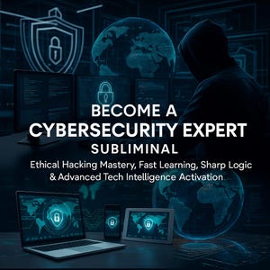 Könnte beinhalten: Ein Werbebild für Cybersicherheit. Es zeigt eine Kapuzenfigur, Computerbildschirme und verschiedene digitale Geräte mit Sicherheitssymbolen und Weltkarten. Der Text lautet "WERDEN SIE EIN CYBERSECURITY EXPERTE".