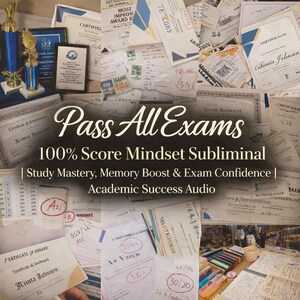 May include: Image featuring a collage of certificates, awards, and study materials. Text overlay reads "Pass All Exams" and promotes a "100% Score Mindset Subliminal" with study and exam confidence benefits.