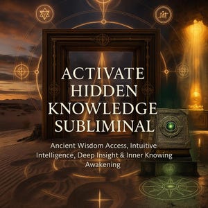 Könnte beinhalten: Digitales Kunstwerk mit dem Text "ACTIVATE HIDDEN KNOWLEDGE SUBLIMINAL". Das Bild zeigt eine Wüstenlandschaft mit einem leuchtenden Portal und einem detaillierten, verzierten Buch. Zusätzlicher Text lautet "Ancient Wisdom Access, Intuitive Intelligence, Deep Insight & Inner Knowing Awakening."