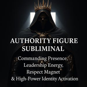 May include: A digital image featuring the words "AUTHORITY FIGURE SUBLIMINAL" above a cloaked figure wearing a gold crown. The text below reads "Commanding Presence, Leadership Energy, Respect Magnet & High-Power Identity Activation."