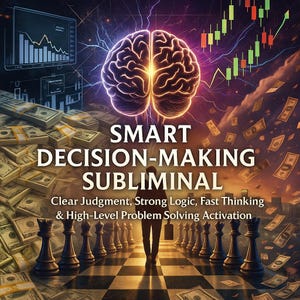 Peut inclure: Illustration numérique avec un cerveau lumineux, des graphiques financiers et de l'argent qui tombe. Le texte indique "SMART DECISION-MAKING SUBLIMINAL" avec des informations sur le jugement clair et la résolution de problèmes. Échiquier et pièces d'échecs.