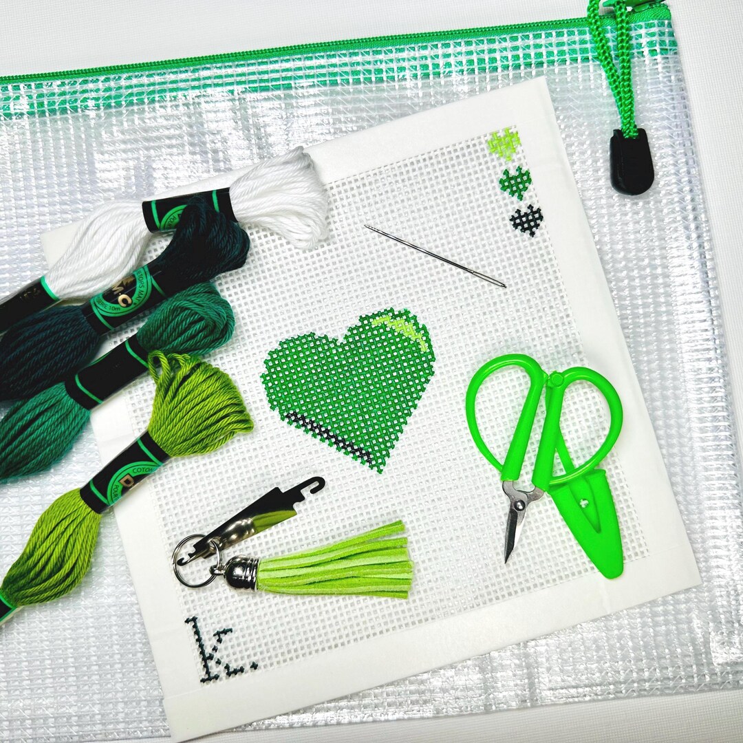 Green Heart Needlepoint Kit: Beginner Stitcher Starter Set With Thread ...