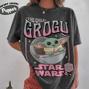 Retro Grogu Star Wars Comfort Colors Shirt, Vintage Pastel Baby Yoda Tee, Cute Disney Family Matching Outfit, The Mandalorian Fan Gift Pepper/Dark Heather