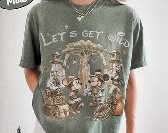 Comfort Colors Vintage Earthy Mickey Friends Lets Get Wild Safari Shirt, Boho Disney Animal Kingdom Family Matching Trip Outfit Gift