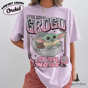 Retro Grogu Star Wars Comfort Colors Shirt, Vintage Pastel Baby Yoda Tee, Cute Disney Family Matching Outfit, The Mandalorian Fan Gift Orchid/Azalae
