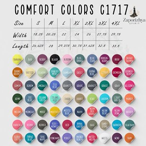 May include: Colour chart for Comfort Colors C1717 apparel, featuring a wide array of hues. Includes size chart with widths from 46.35 to 75.57 cm and lengths from 67.63 to 85.09 cm. Colours include Black, Denim, and Neon Blue.