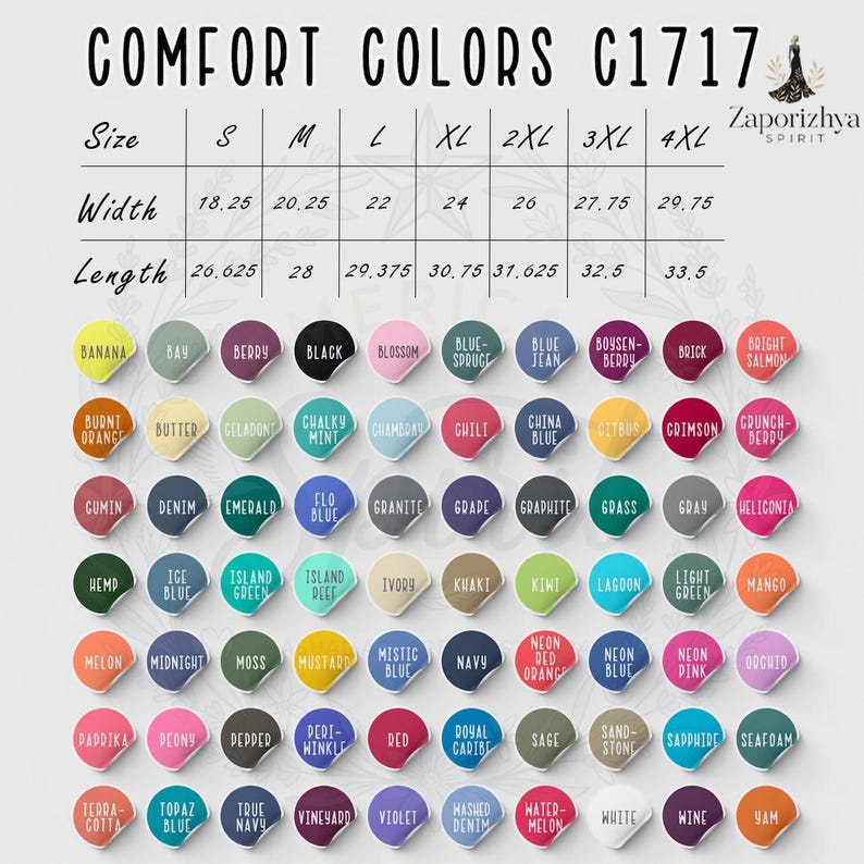 May include: Colour chart for Comfort Colors C1717 apparel, featuring a wide array of hues. Includes size chart with widths from 46.35 to 75.57 cm and lengths from 67.63 to 85.09 cm. Colours include Black, Denim, and Neon Blue.
