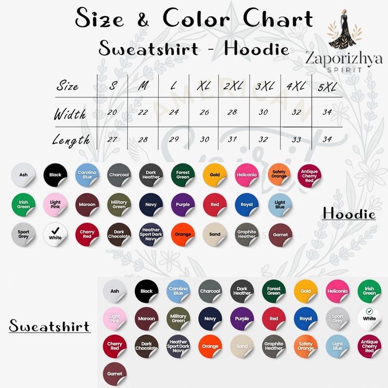 May include: A size and colour chart for sweatshirts and hoodies, with size and colour options. The chart includes sizes S to 5XL, with width measurements from 50.8 to 86.4 cm and length measurements from 68.6 to 86.4 cm.
