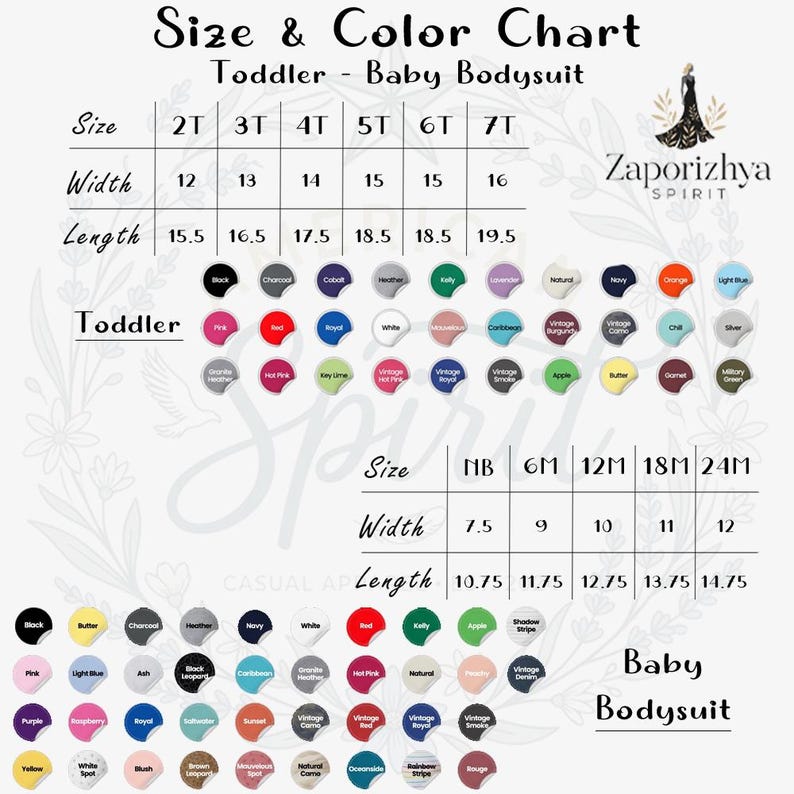 May include: Size and colour chart for toddler and baby bodysuits. The chart displays sizes from newborn to 7T, with width and length measurements in inches. Colour options include black, white, red, and many more.