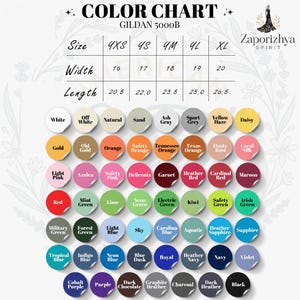 May include: A Gildan 5000B t-shirt colour chart with a range of hues, including red, blue, and green. The chart displays sizes, with widths from 40.6 to 50.8 cm and lengths from 52.1 to 67.3 cm.