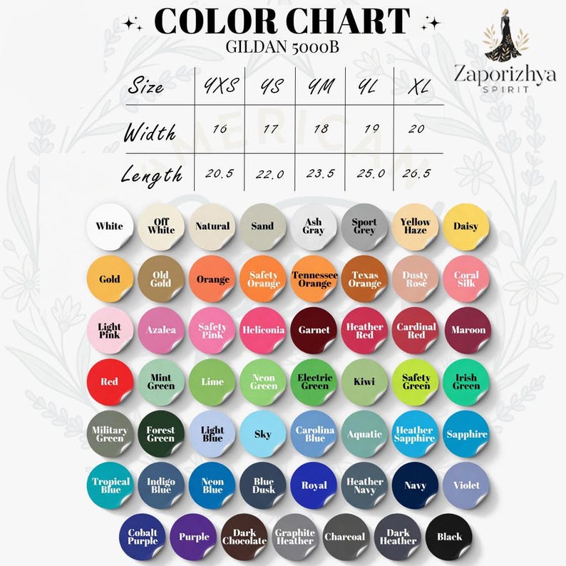 May include: A Gildan 5000B t-shirt colour chart with a range of hues, including red, blue, and green. The chart displays sizes, with widths from 40.6 to 50.8 cm and lengths from 52.1 to 67.3 cm.