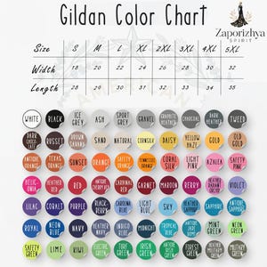 May include: Gildan colour chart displaying a range of t-shirt colours and sizes. The chart includes colours such as black, white, red, blue, and green. Sizes range from S to 5XL, with width measurements from 45.7 to 81.3 cm and lengths from 71.1 to 88.9 cm.