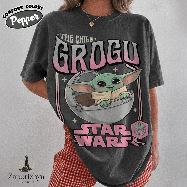 Retro Grogu Star Wars Comfort Colors Shirt, Vintage Pastel Baby Yoda Tee, Cute Disney Family Matching Outfit, The Mandalorian Fan Gift Pepper/Dark Heather