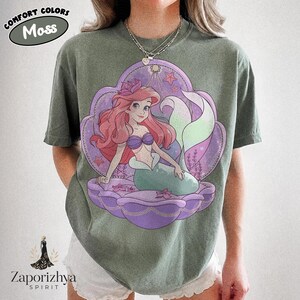Vintage Pastel Princess Ariel Cofort Colors Shirt, Watercolor Little Mermaid Disney Family Matching Vacation Tees, Girls Trip Gifts! Moss/Military Green