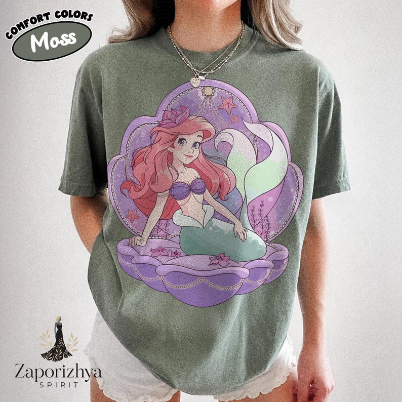 Vintage Pastel Princess Ariel Cofort Colors Shirt, Watercolor Little Mermaid Disney Family Matching Vacation Tees, Girls Trip Gifts! Moss/Military Green