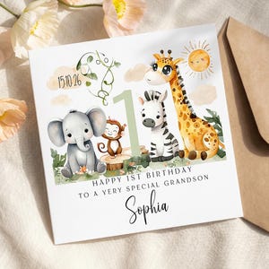 Personalised Grandson 1st Birthday Card Safari Jungle Animal Greeting Card Custom Name Keepsake Card for One Year Old Boy
