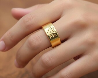 Gold Plated Tree Of Life Signet Ring, Handmade Brass Ring